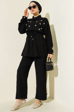 Pearl Flower Hidden Button Two-Piece Set Black