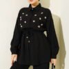 Pearl Flower Hidden Button Two-Piece Set Black - Imagen 2