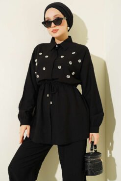 Vista alternativa de Pearl Flower Hidden Button Two-Piece Set Black