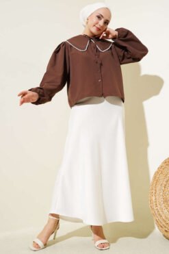 Alternative view of Navy Collar Short Shirt with Pearl Details Brown