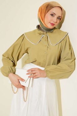 Navy Collar Short Shirt with Pearl Details