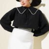 Navy Collar Short Shirt with Pearl Details Black