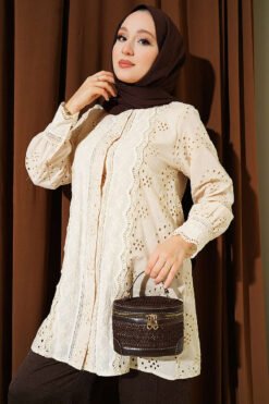 Pearl Button Lace Embroidered Shirt Beige