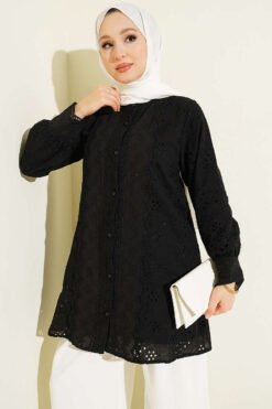 Pearl Button Lace Embroidered Shirt Black