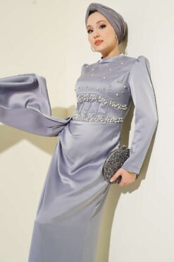 Pearl Embellished Satin Evening Dress Grey بالجملة dress view 2 - Hicabistan مصنع تركيا