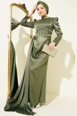 Pearl Embellished Satin Evening Dress Khaki بالجملة dress - Hicabistan مصنع تركيا