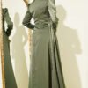 Pearl Embellished Satin Evening Dress Khaki wholesale dress view 3 - Hicabistan Turkey factory
