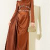 Pearl Embellished Satin Evening Dress Brown