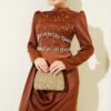 Pearl Embellished Satin Evening Dress Brown wholesale dress view 2 - Hicabistan Turkey factory