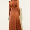 Pearl Embellished Satin Evening Dress Brown wholesale dress view 3 - Hicabistan Turkey factory