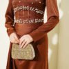 Pearl Embellished Satin Evening Dress Brown wholesale dress view 4 - Hicabistan Turkey factory