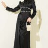 Pearl Embellished Satin Evening Dress Black