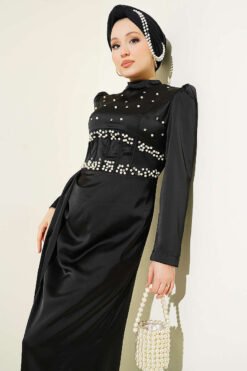 Pearl Embellished Satin Evening Dress Black بالجملة dress view 2 - Hicabistan مصنع تركيا