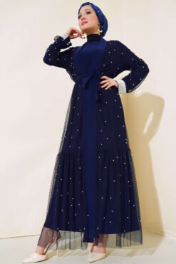 Pearl Tulle Abaya Set Navy Blue