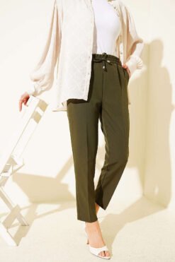 Belted Tapered Pants with String Detail Khaki