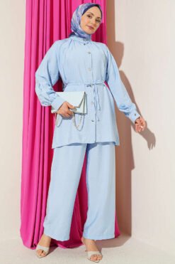 Belted Drawstring Neck Two-Piece Set Blue Großhandel clothing set - Hicabistan Türkei Fabrik