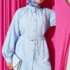 Belted Drawstring Neck Two-Piece Set Blue wholesale clothing set view 2 - Hicabistan Turkey factory