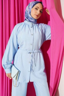 Belted Drawstring Neck Two-Piece Set Blue Großhandel clothing set view 2 - Hicabistan Türkei Fabrik