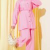 Belted Drawstring Neck Two-Piece Set Pink groothandel clothing set - Hicabistan Turkije fabriek