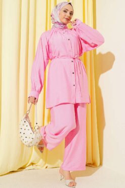 Belted Drawstring Neck Two-Piece Set Pink Großhandel clothing set - Hicabistan Türkei Fabrik