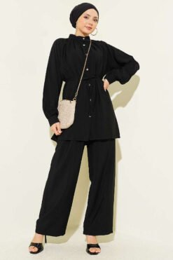 Belted Drawstring Neck Two-Piece Set Black Großhandel clothing set - Hicabistan Türkei Fabrik