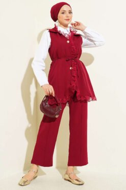 Ruffled Lace Vest Two-Piece Set Burgundy