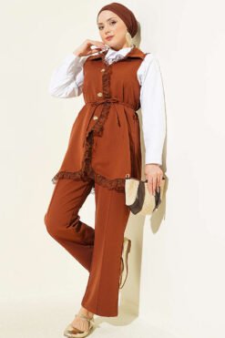 Ruffled Lace Vest Two-Piece Set Tan