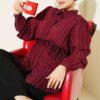 Textured Striped Shirt with Belt Burgundy