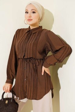 Textured Striped Shirt with Belt Brown
