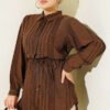 Textured Striped Shirt with Belt Brown