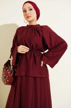 Loose-Fit Skirted Two-Piece Set Burgundy بالجملة clothing set view 2 - Hicabistan مصنع تركيا