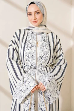 Striped Patterned Shawl Detailed Kimono Navy Blue