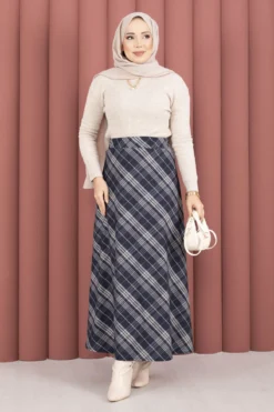 Striped Check Scuba Skirt Navy Blue