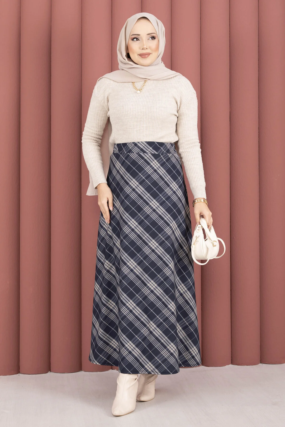 Striped Check Scuba Skirt Navy Blue