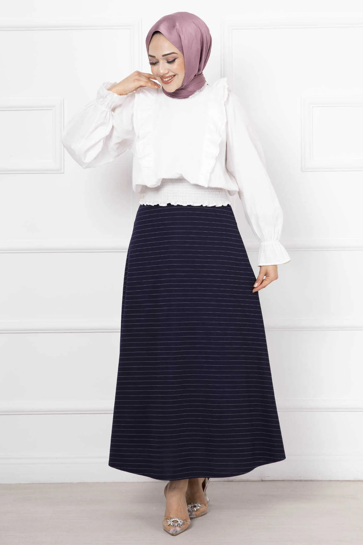 Striped Mevlana Modest Skirt Navy Blue