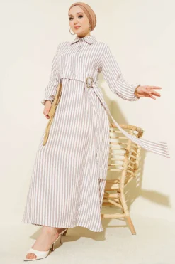 Striped Buckled Side-Tied Dress Brown