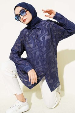 Jacquard Fringed Detail Shirt Navy Blue