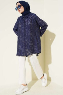 Alternative Ansicht von Jacquard Fringed Detail Shirt Navy Blue