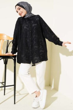 Alternative Ansicht von Jacquard Fringed Detail Shirt Black