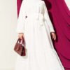 Embroidered Belted Chiffon Dress Ecru