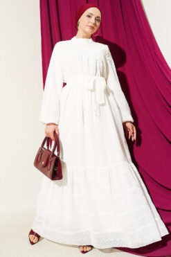 Embroidered Belted Chiffon Dress Ecru