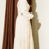 Embroidered Belted Chiffon Dress Cream - Image 3