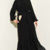 Embroidered Belted Chiffon Dress Black
