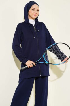 Alternative Ansicht von Hooded Low Shoulder Lounge Set Navy Blue