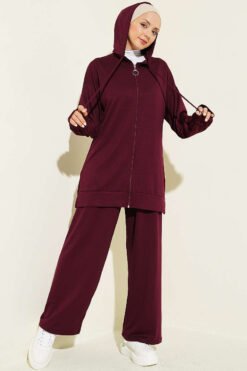 Hooded Low Shoulder Lounge Set Plum