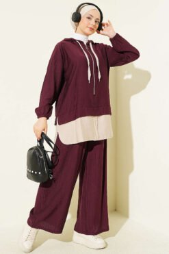 Hooded Detailed Two-Piece Set Burgundy