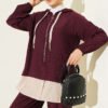 ⁦Hooded Detailed Two-Piece Set Burgundy⁩ - الصورة ⁦2⁩