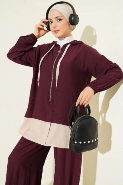 Alternatieve weergave van Hooded Detailed Two-Piece Set Burgundy