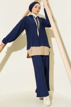 Hooded Detailed Two-Piece Set Navy Blue
