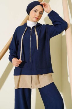 Alternatieve weergave van Hooded Detailed Two-Piece Set Navy Blue